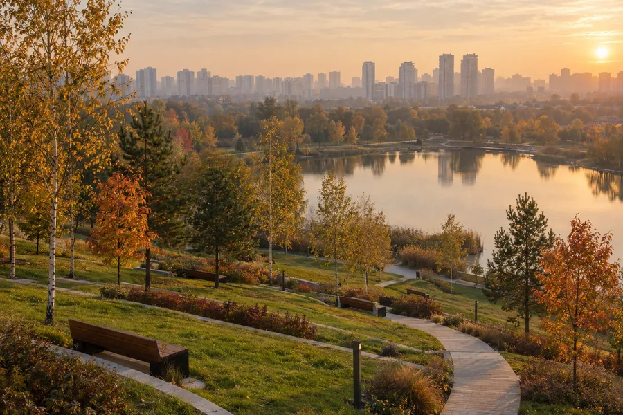 Иллюстрация: городской парк на склоне у пруда осенью — не конкретное место района